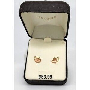 14k Yellow Rose Gold Double Heart Earrings Jacmel JCM Etched Stud Pierced Signed